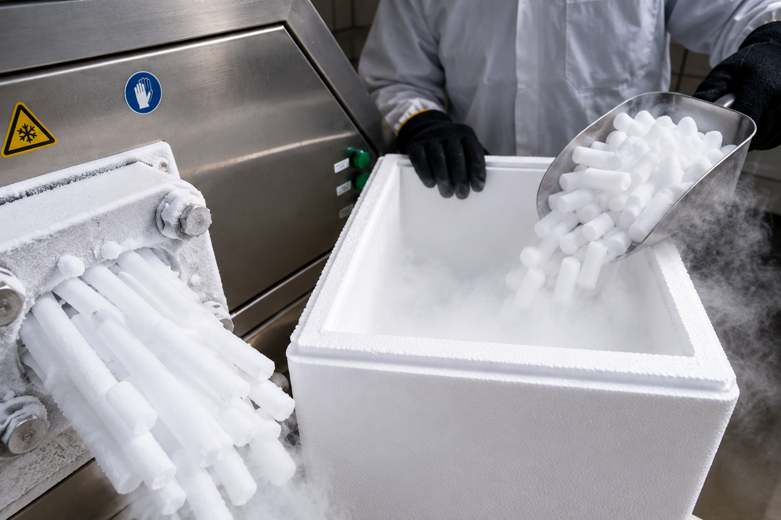 Dry ice pellets being packed into an insulated shipping cooler